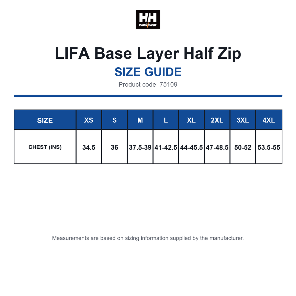 75109 Helly Hansen LIFA Base Layer Half Zip size guide (75109)