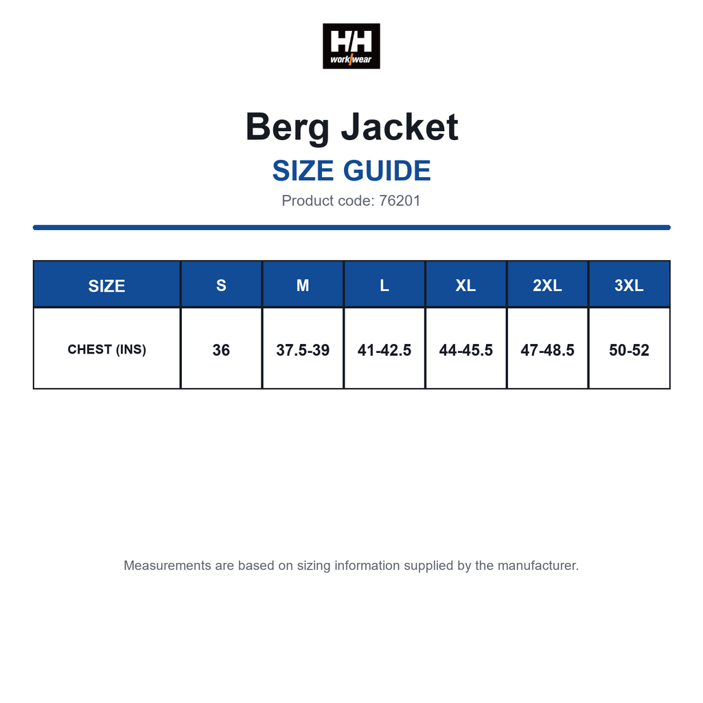 76201 Helly Hansen Berg Jacket size guide (76201)