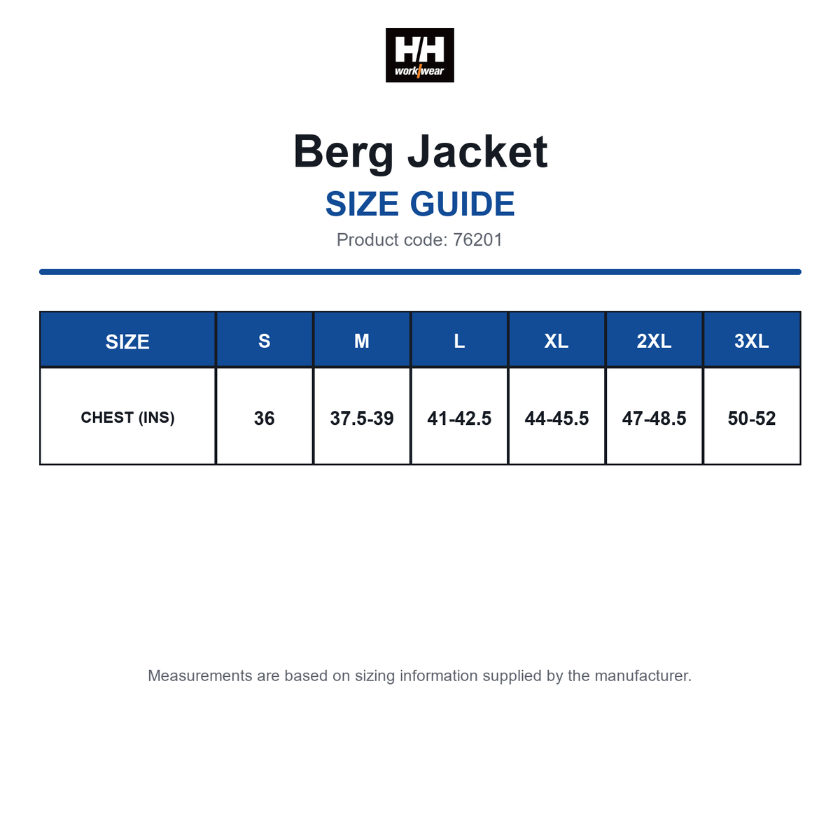 76201 Helly Hansen Berg Jacket size guide (76201)