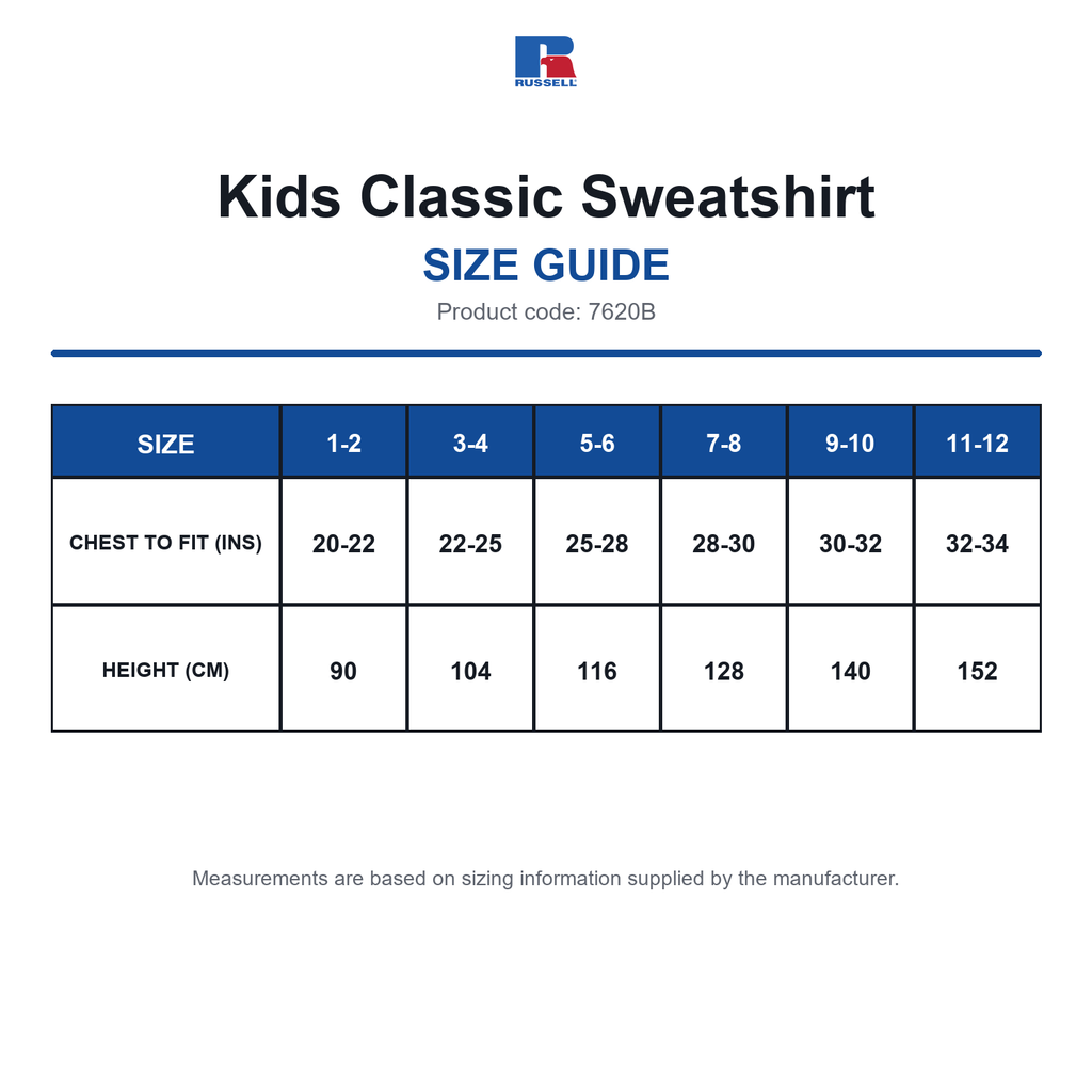 7620B Russell Kids Classic Sweatshirt size guide (7620B)