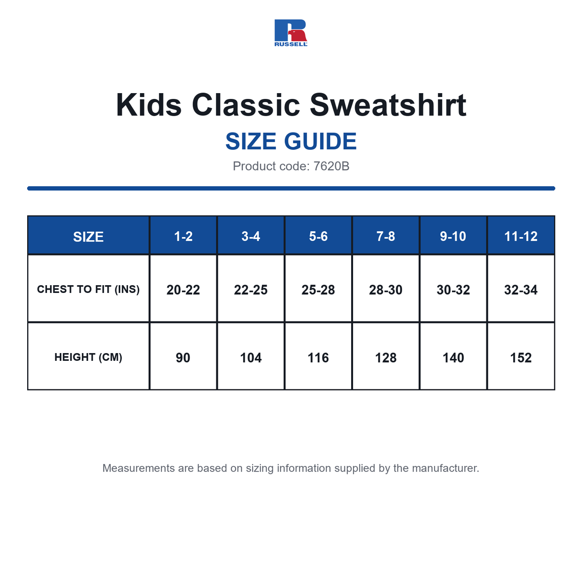 7620B Russell Kids Classic Sweatshirt size guide (7620B)