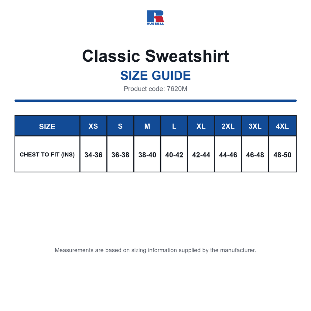 7620M Russell Classic Sweatshirt size guide (7620M)