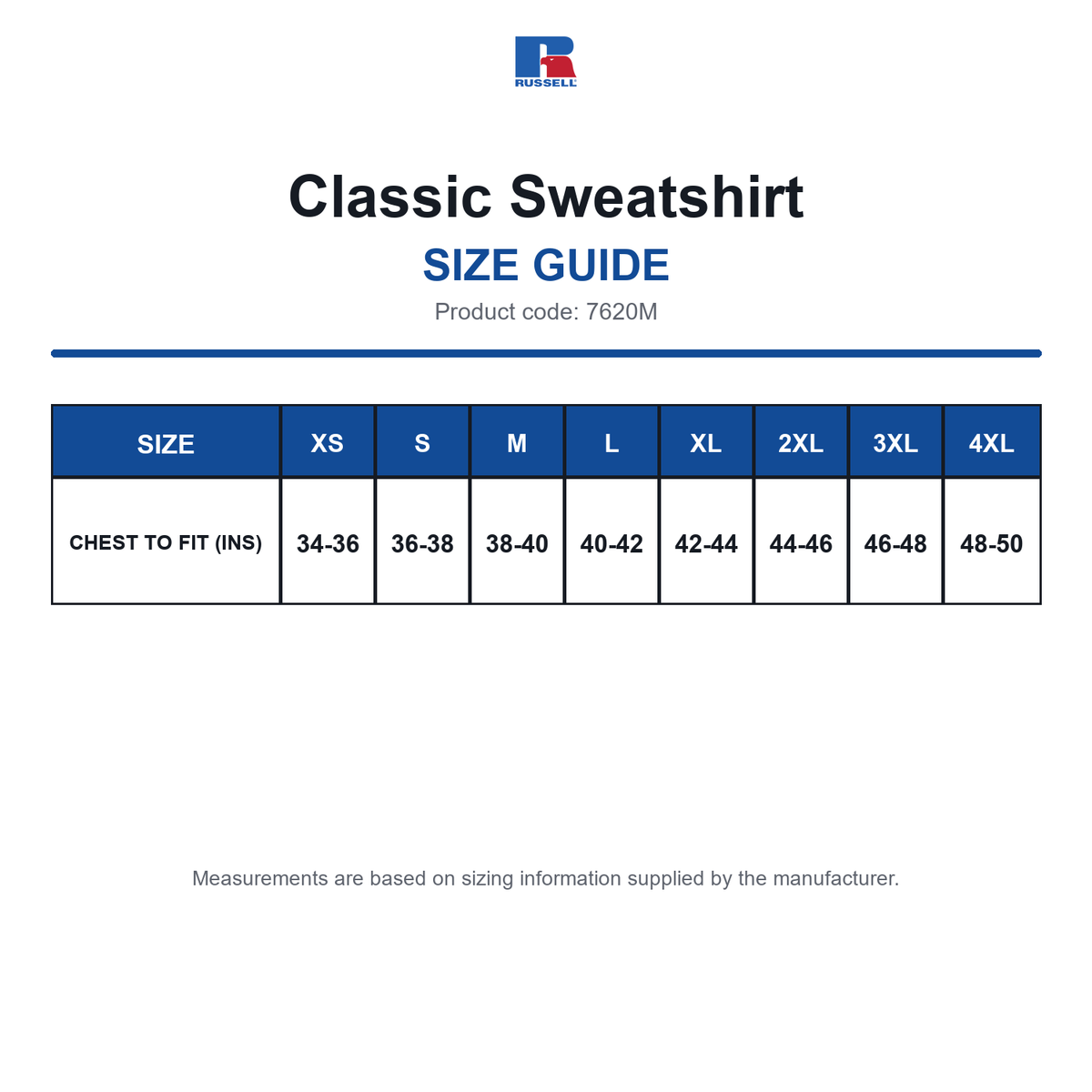 7620M Russell Classic Sweatshirt size guide (7620M)