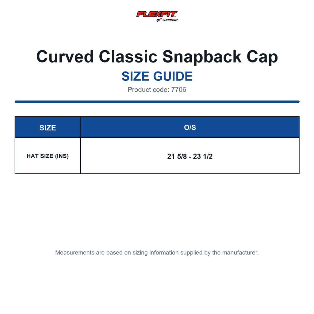 7706 Flexfit Curved Classic Snapback Cap size guide (7706)