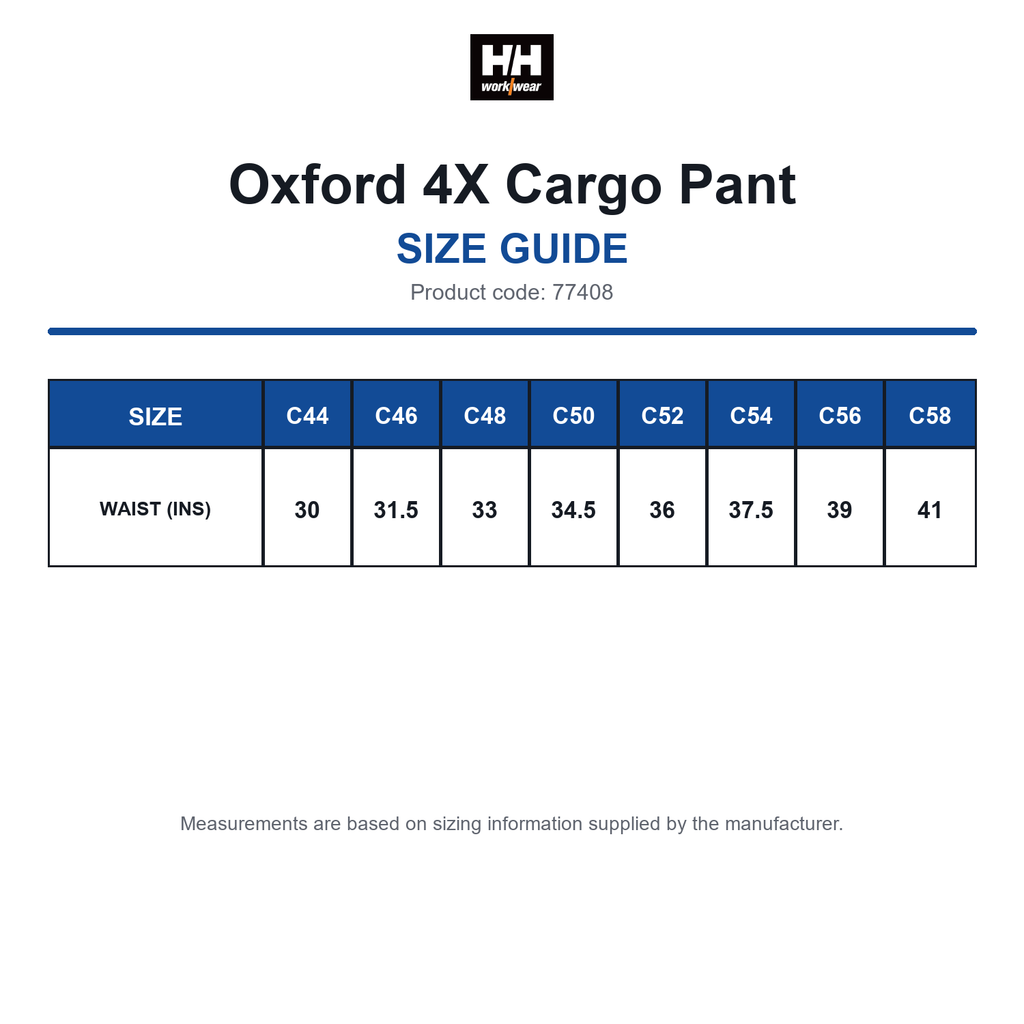 77408 Helly Hansen Oxford 4X Cargo Pant size guide (77408)