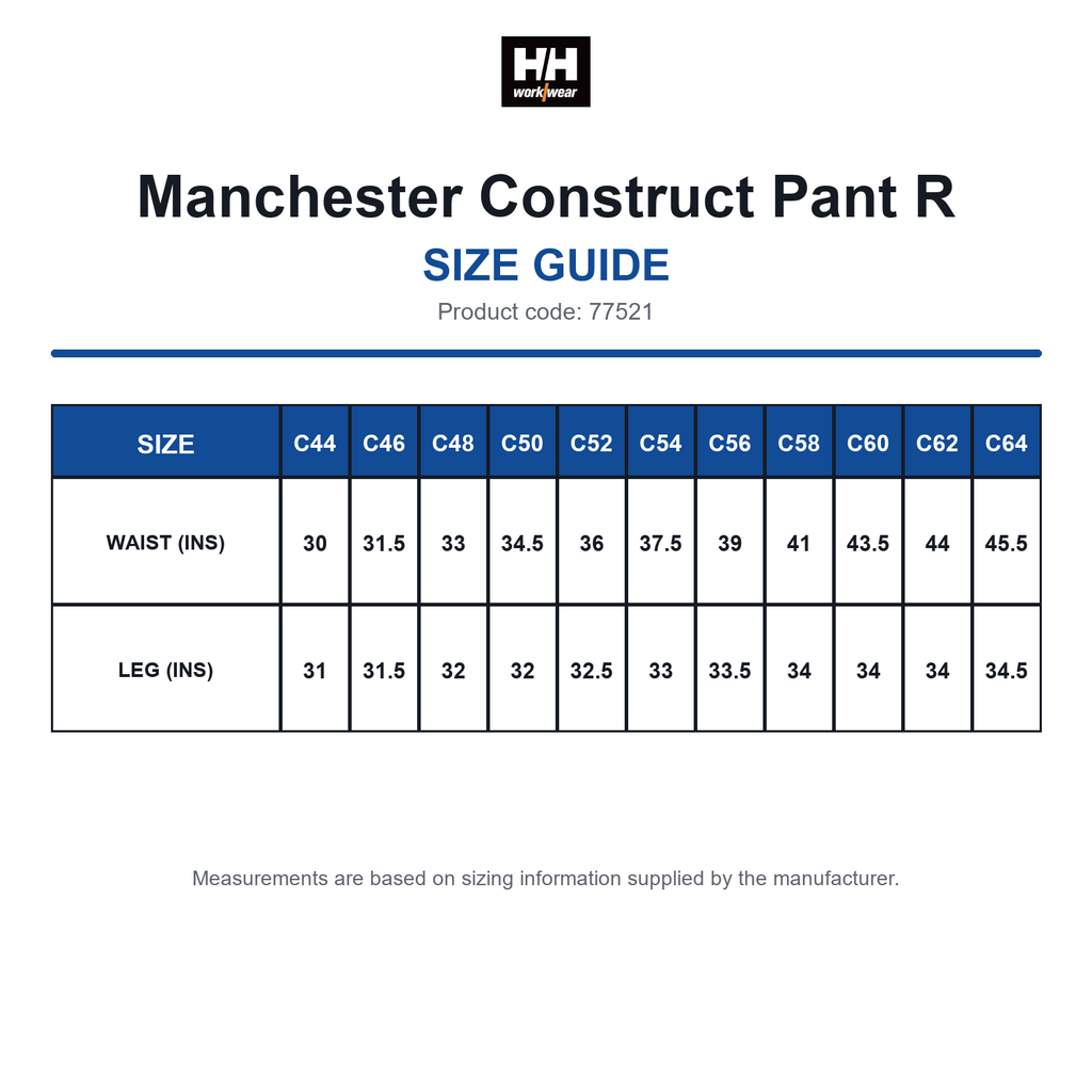 77521 Helly Hansen Manchester Construct Pant R size guide (77521)