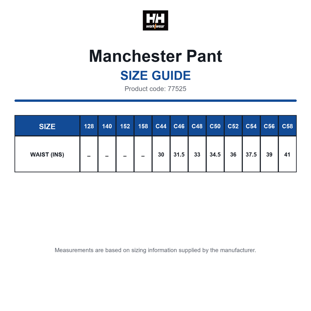 77525 Helly Hansen Manchester Pant size guide (77525)
