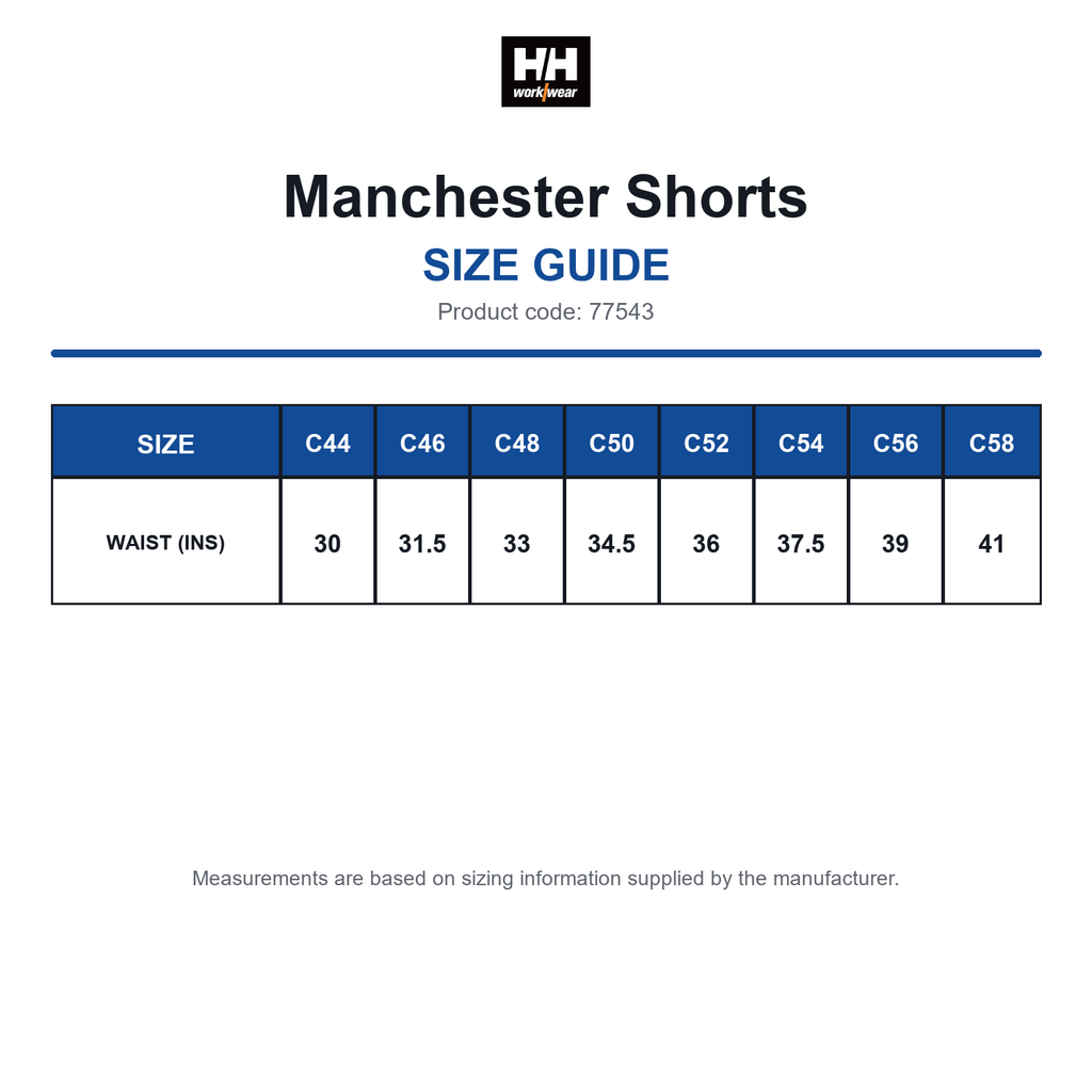 77543 Helly Hansen Manchester Shorts size guide (77543)