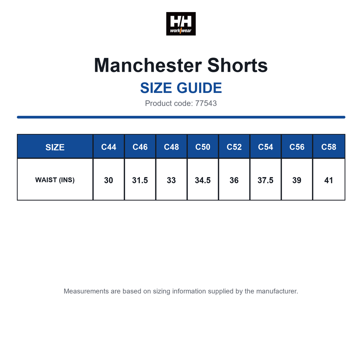 77543 Helly Hansen Manchester Shorts size guide (77543)