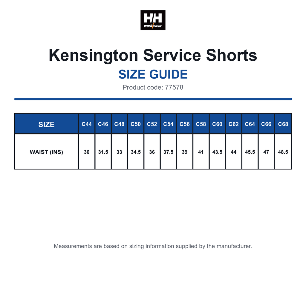 77578 Helly Hansen Kensington Service Shorts size guide (77578)