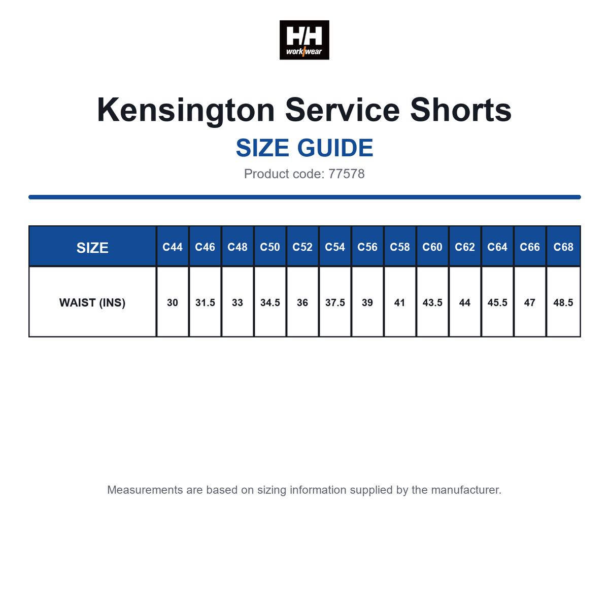 77578 Helly Hansen Kensington Service Shorts size guide (77578)