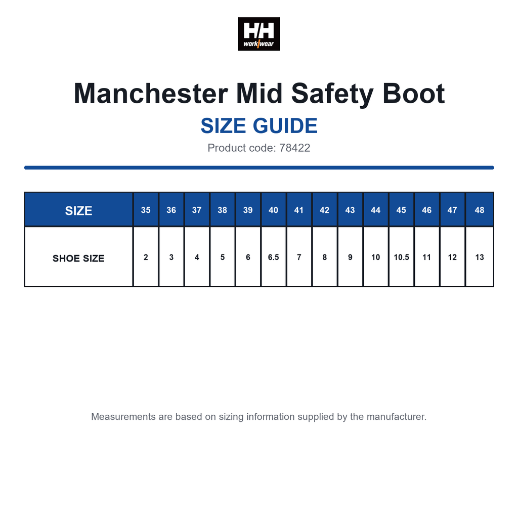 78422 Helly Hansen Manchester Mid Safety Boot size guide (78422)