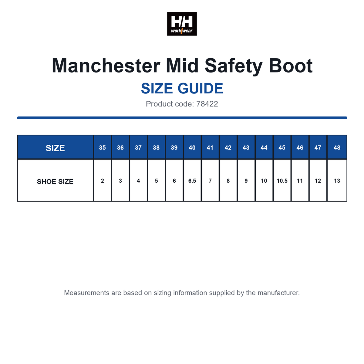 78422 Helly Hansen Manchester Mid Safety Boot size guide (78422)