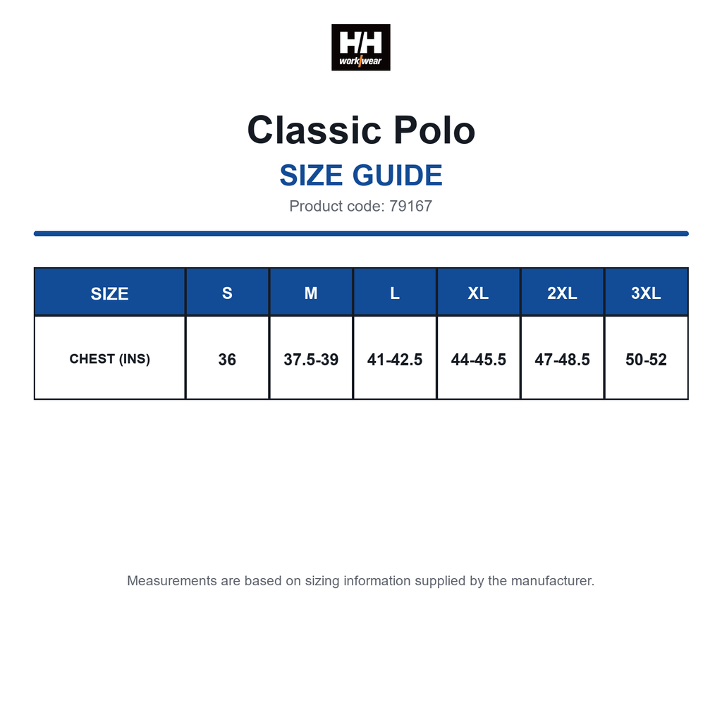 79167 Helly Hansen Classic Polo size guide (79167)