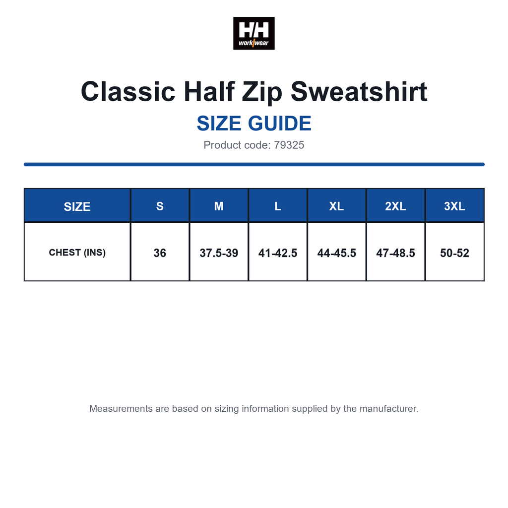 79325 Helly Hansen Classic Half Zip Sweatshirt size guide (79325)