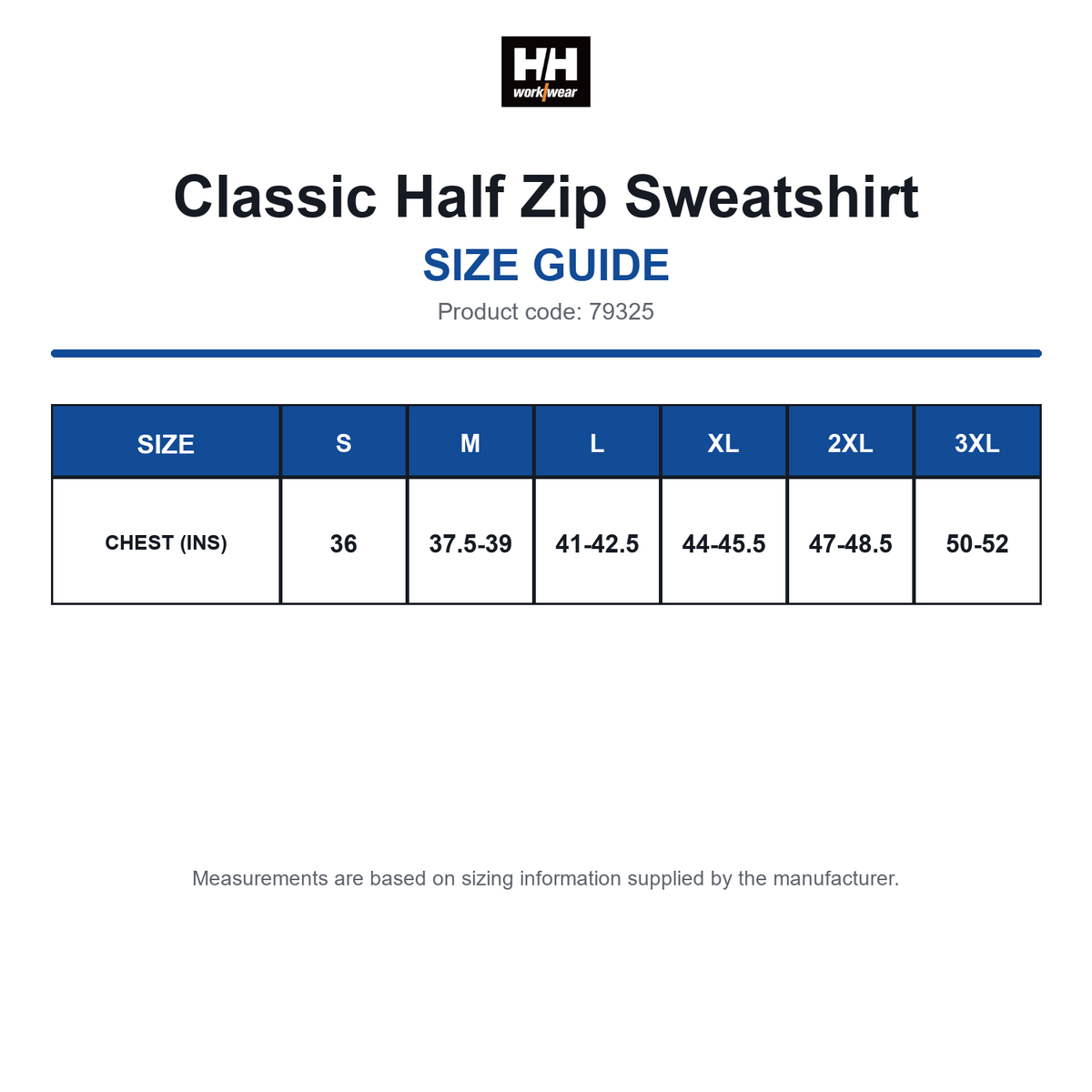 79325 Helly Hansen Classic Half Zip Sweatshirt size guide (79325)