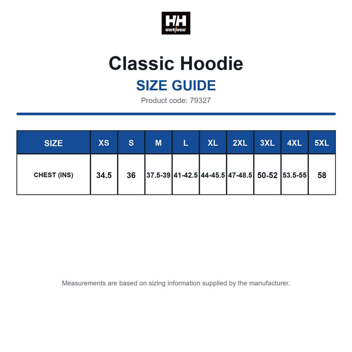 79327 Helly Hansen Classic Hoodie size guide (79327)