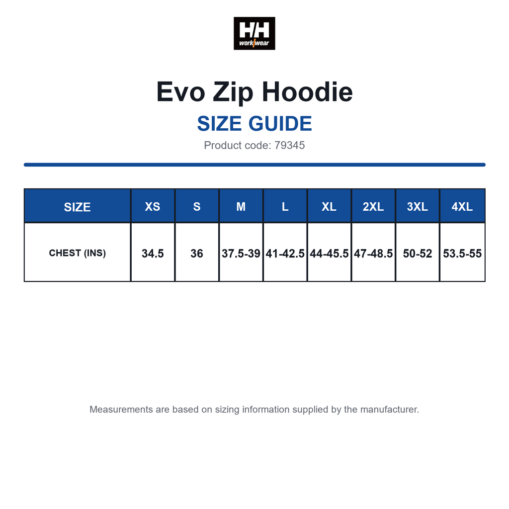 79345 Helly Hansen Evo Zip Hoodie size guide (79345)