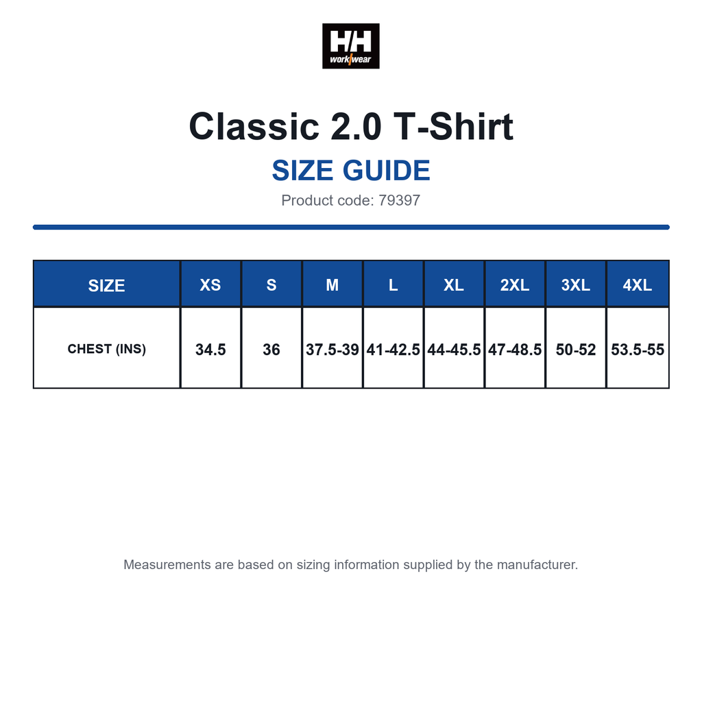 79397 Helly Hansen Classic 2.0 T-Shirt size guide (79397)