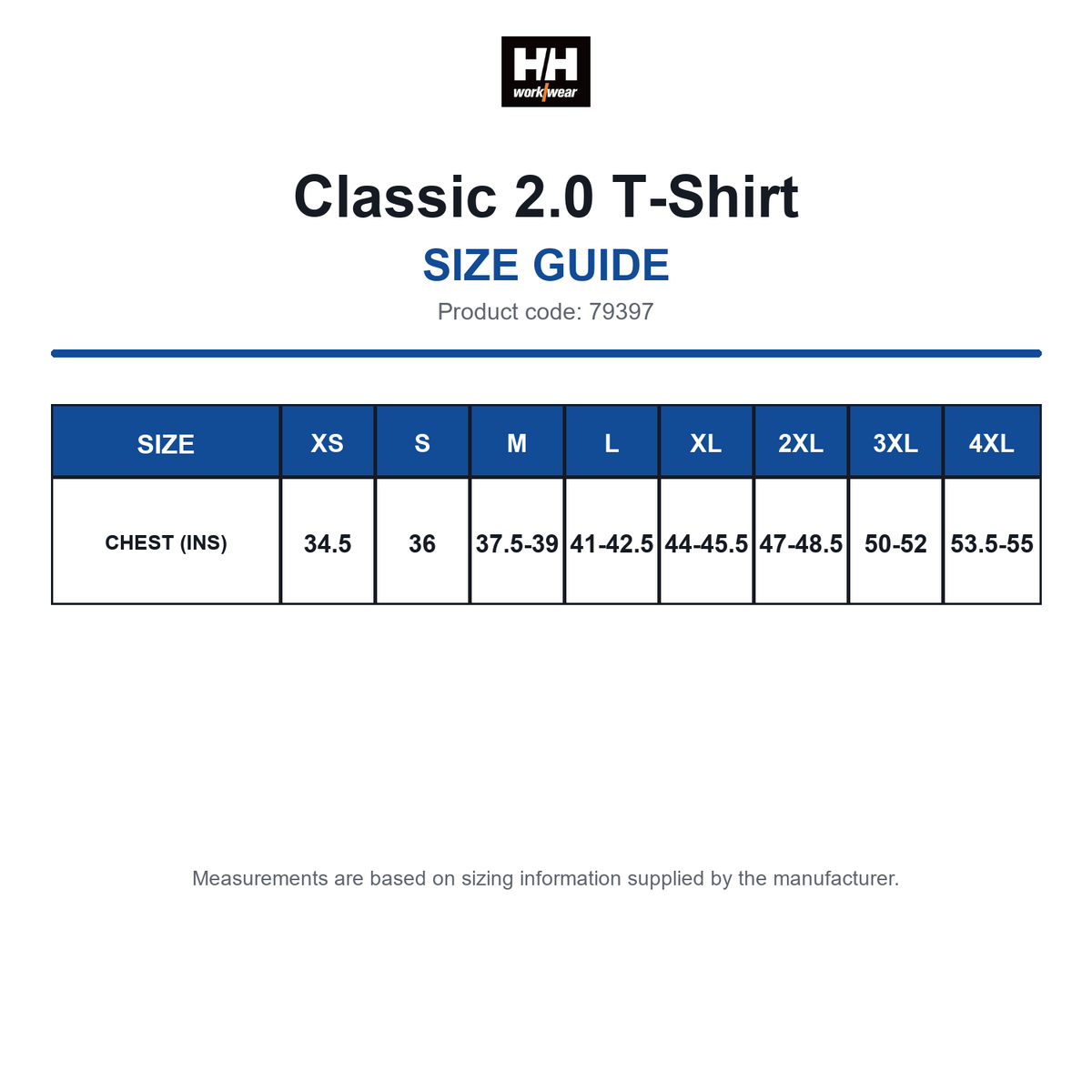 79397 Helly Hansen Classic 2.0 T-Shirt size guide (79397)