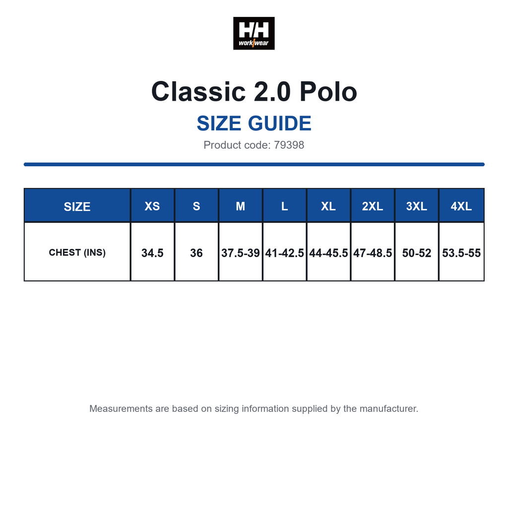79398 Helly Hansen Classic 2.0 Polo size guide (79398)