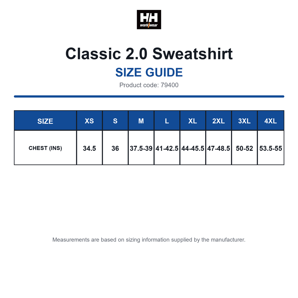 79400 Helly Hansen Classic 2.0 Sweatshirt size guide (79400)