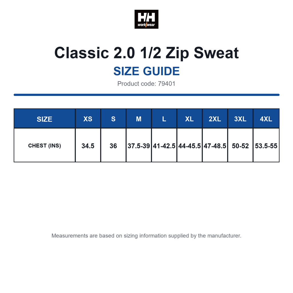 79401 Helly Hansen Classic 2.0 1/2 Zip Sweat size guide (79401)
