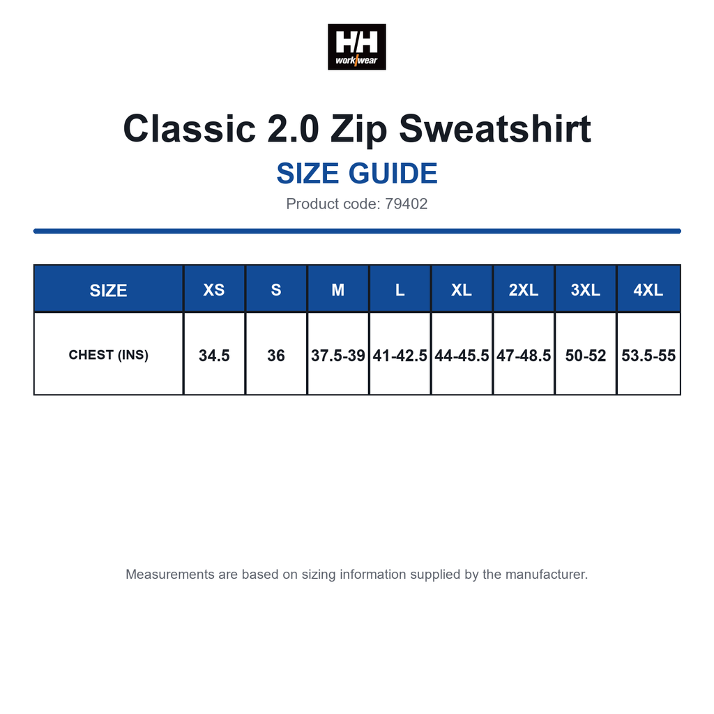 79402 Helly Hansen Classic 2.0 Zip Sweatshirt size guide (79402)