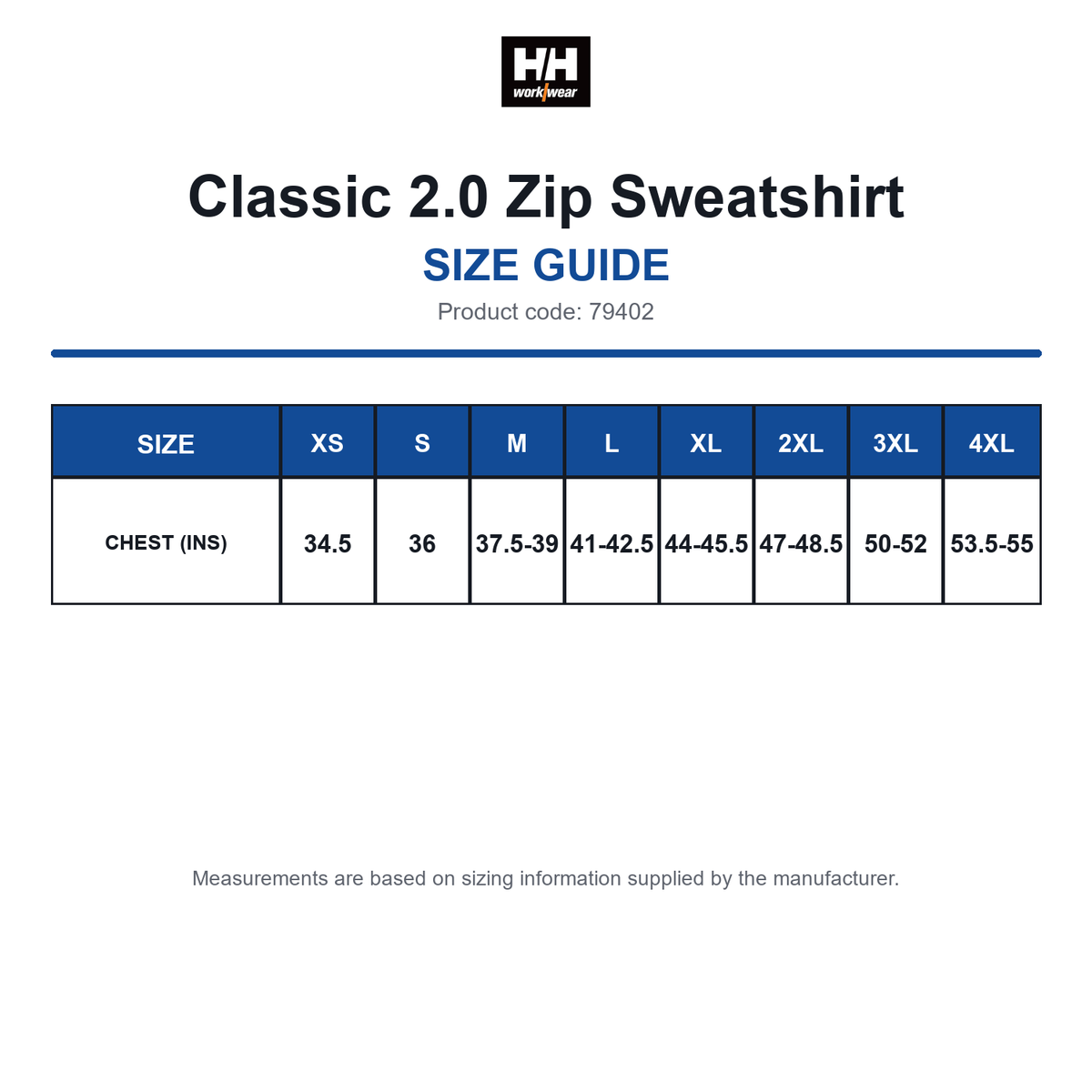 79402 Helly Hansen Classic 2.0 Zip Sweatshirt size guide (79402)