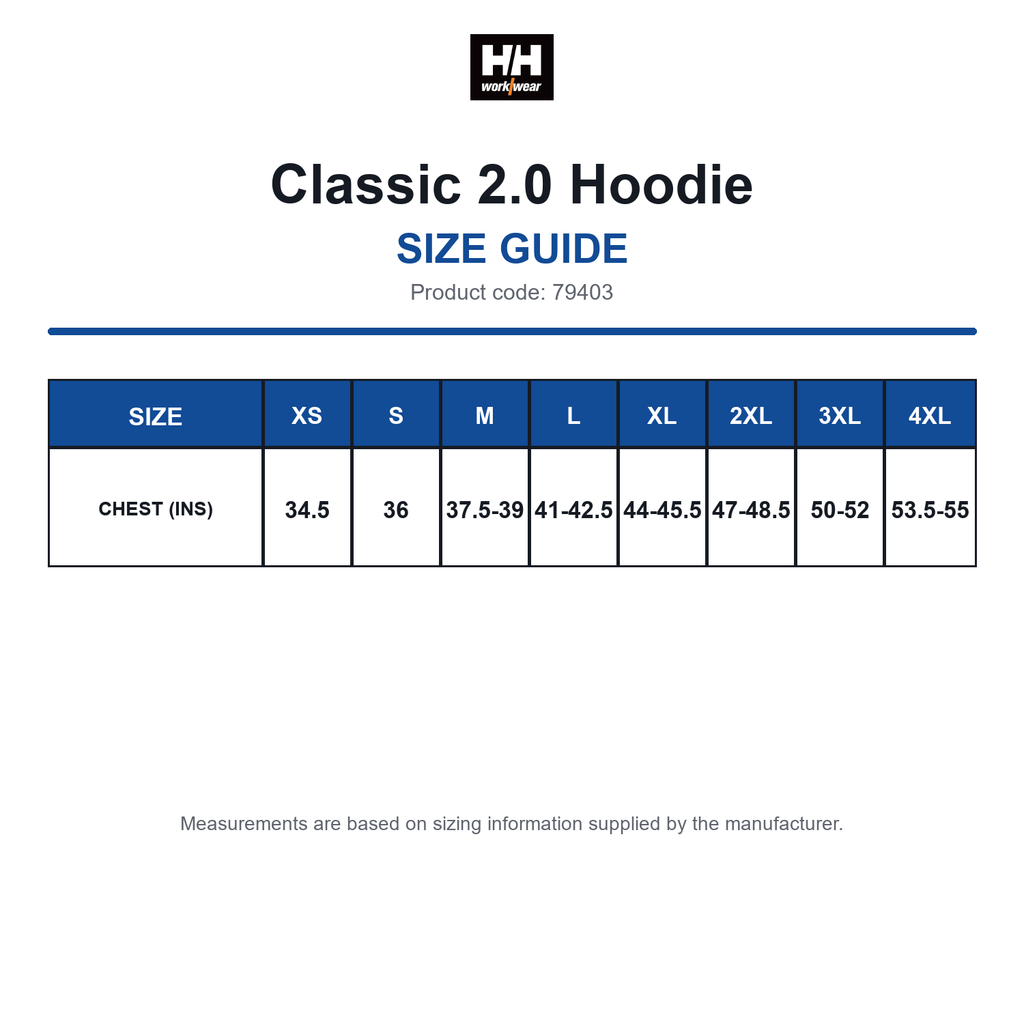 79403 Helly Hansen Classic 2.0 Hoodie size guide (79403)