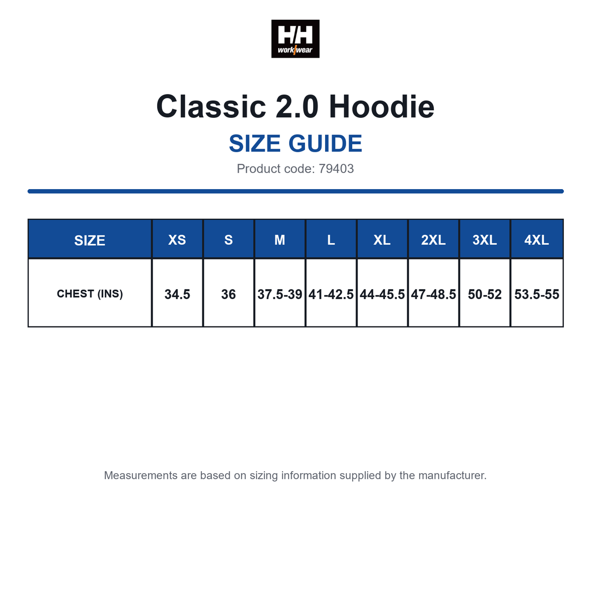 79403 Helly Hansen Classic 2.0 Hoodie size guide (79403)