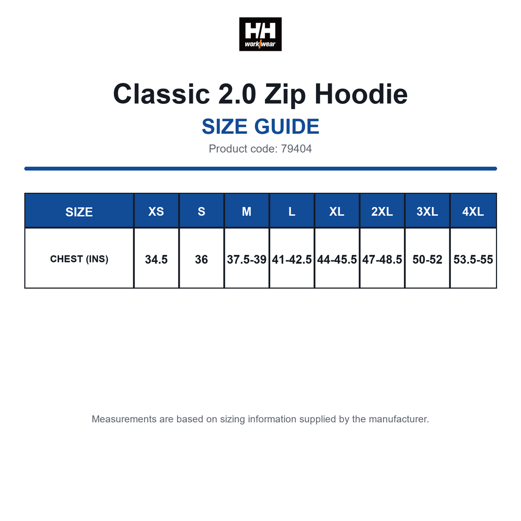 79404 Helly Hansen Classic 2.0 Zip Hoodie size guide (79404)