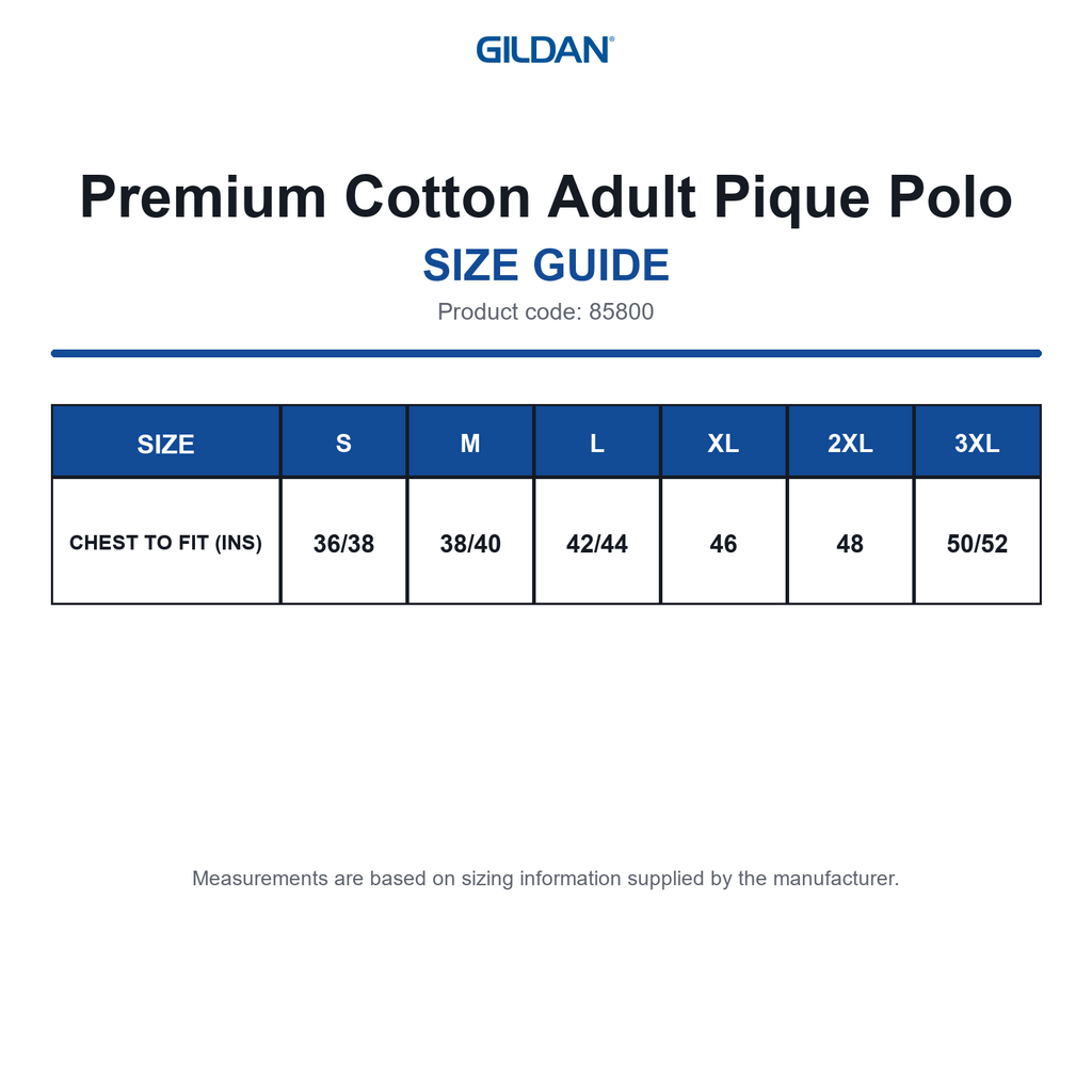 85800 Gildan Premium Cotton Adult Pique Polo size guide (85800)