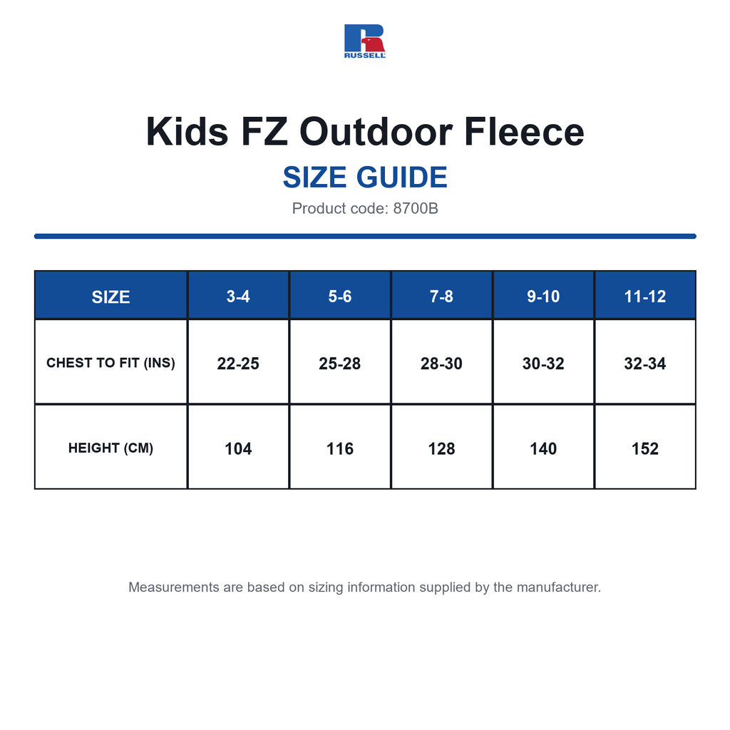 8700B Russell Kids FZ Outdoor Fleece size guide (8700B)