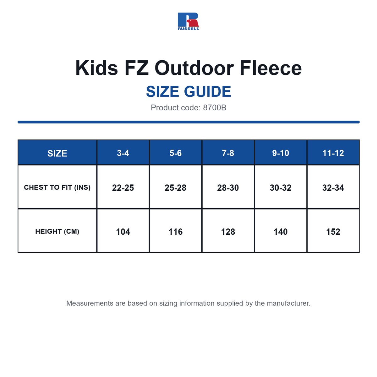 8700B Russell Kids FZ Outdoor Fleece size guide (8700B)