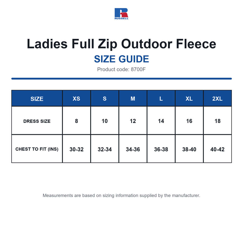 8700F Russell Ladies Full Zip Outdoor Fleece size guide (8700F)
