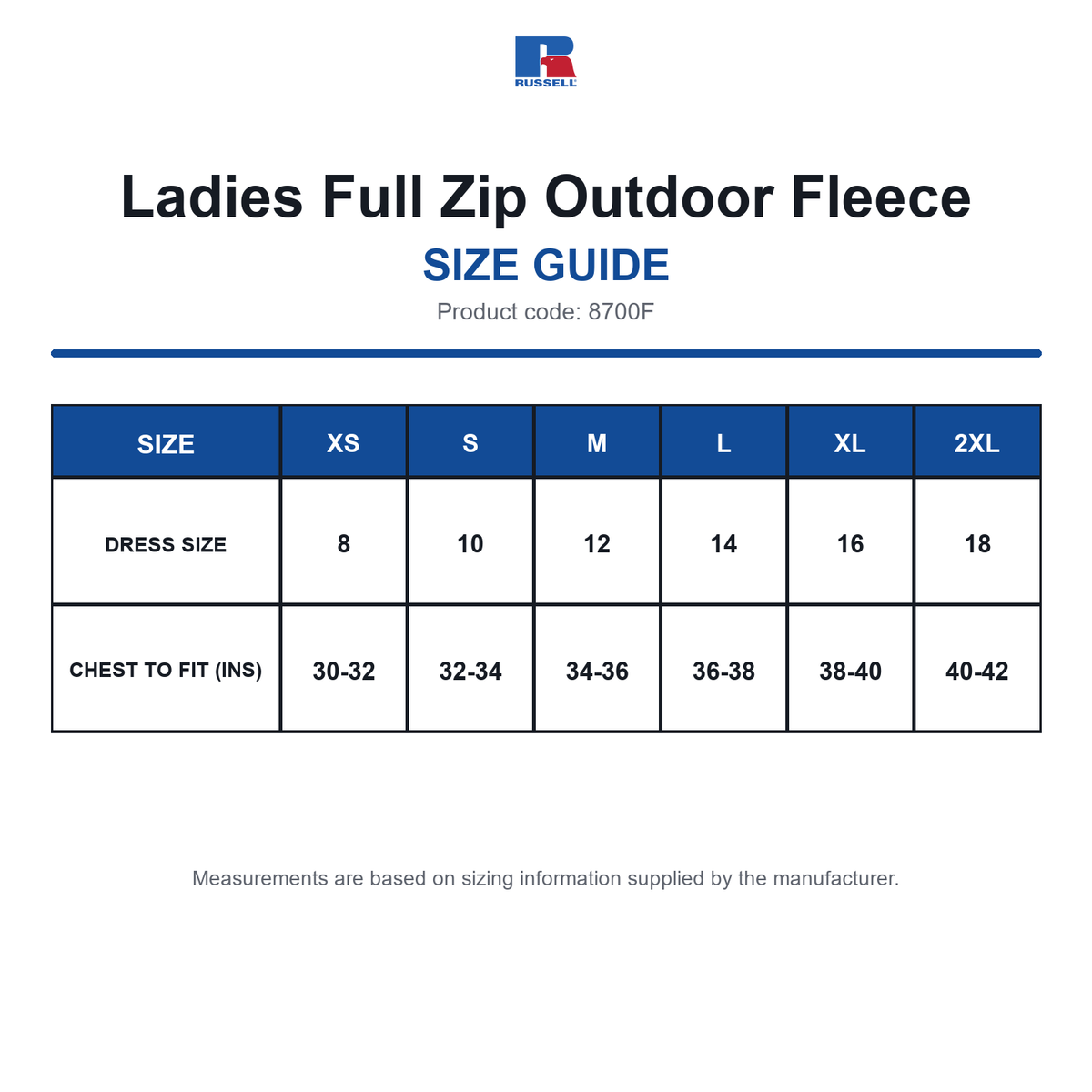 8700F Russell Ladies Full Zip Outdoor Fleece size guide (8700F)