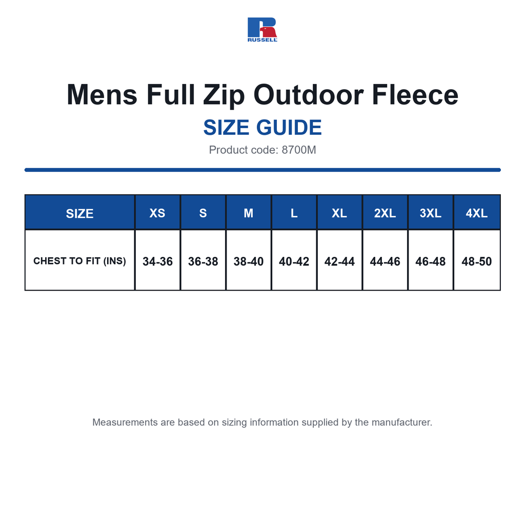 8700M Russell Mens Full Zip Outdoor Fleece size guide (8700M)