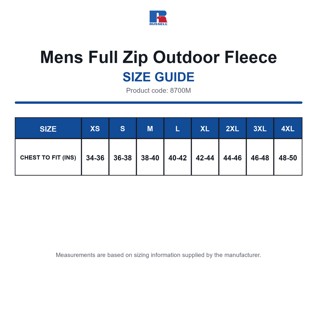 8700M Russell Mens Full Zip Outdoor Fleece size guide (8700M)