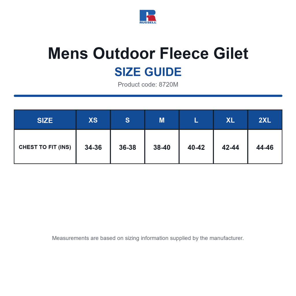 8720M Russell Mens Outdoor Fleece Gilet size guide (8720M)