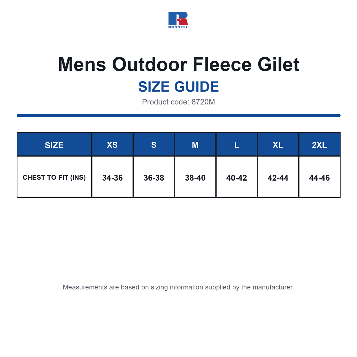 8720M Russell Mens Outdoor Fleece Gilet size guide (8720M)