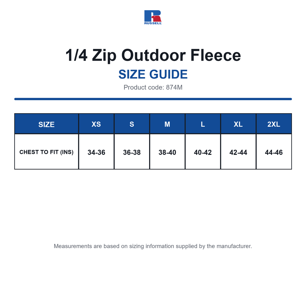 874M Russell 1/4 Zip Outdoor Fleece size guide (874M)