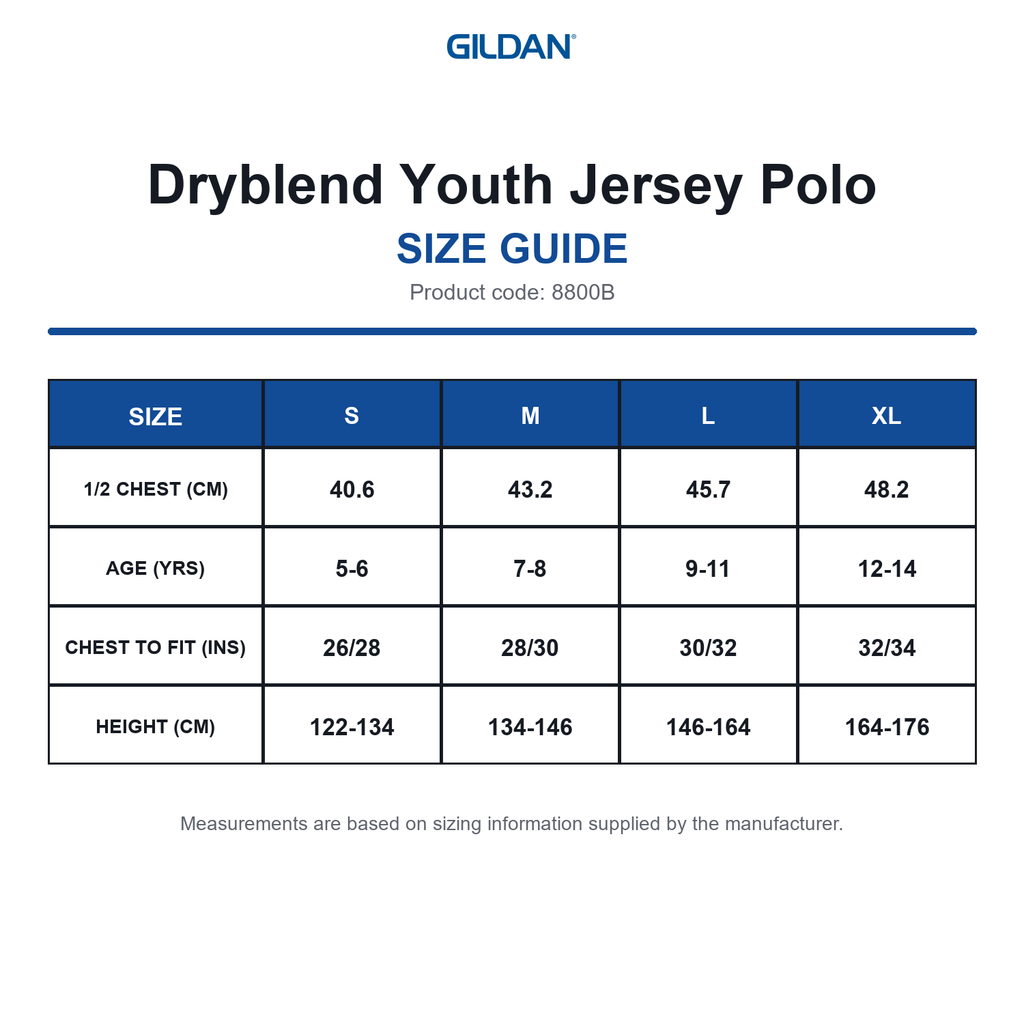 8800B Gildan Dryblend Youth Jersey Polo size guide (8800B)