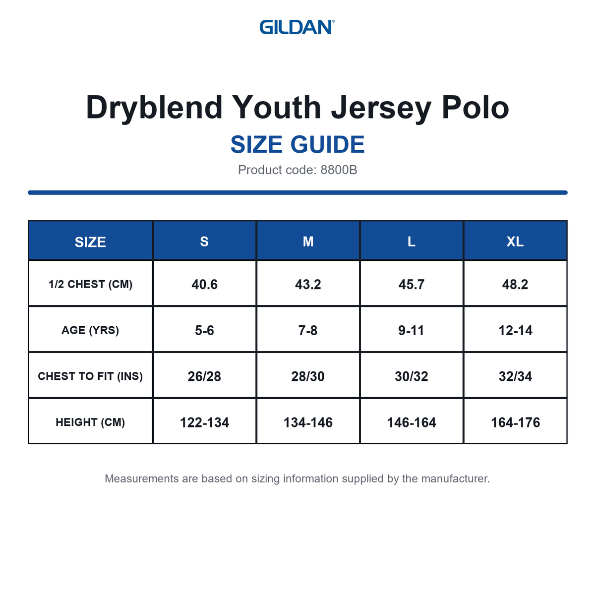 8800B Gildan Dryblend Youth Jersey Polo size guide (8800B)