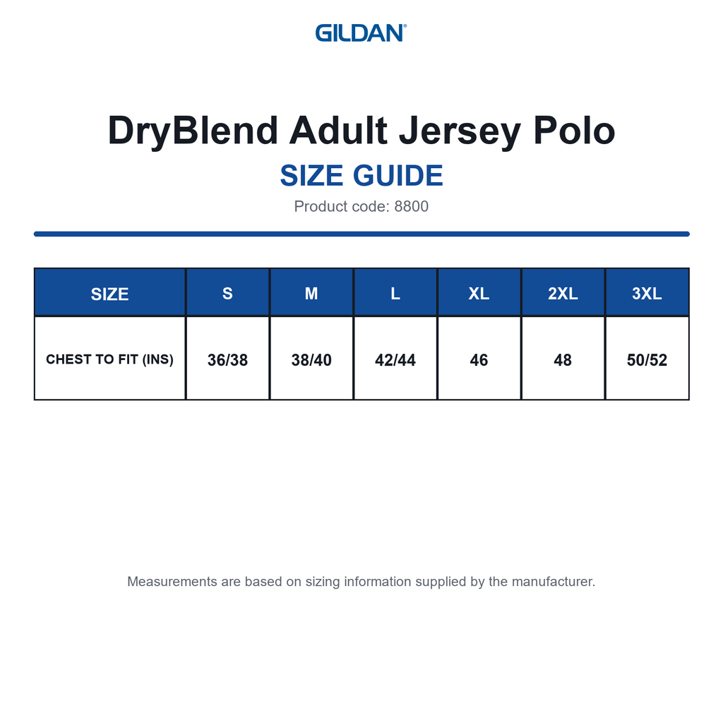 8800 Gildan DryBlend Adult Jersey Polo size guide (8800)