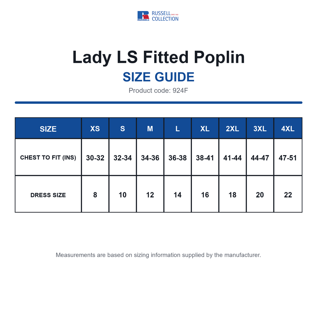 924F Russell Collection Lady LS Fitted Poplin size guide (924F)