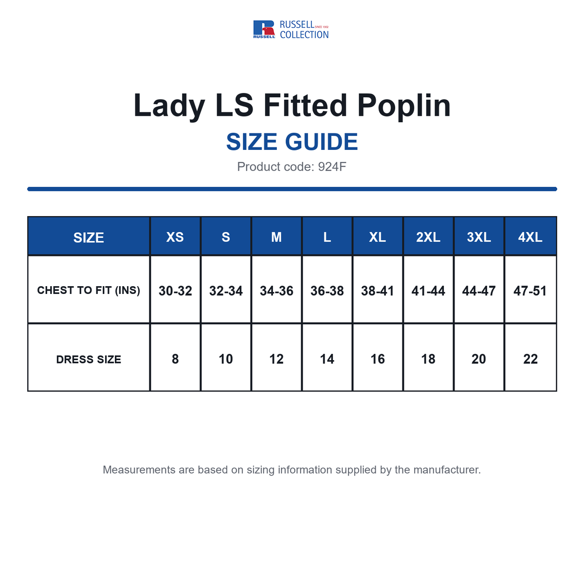 924F Russell Collection Lady LS Fitted Poplin size guide (924F)