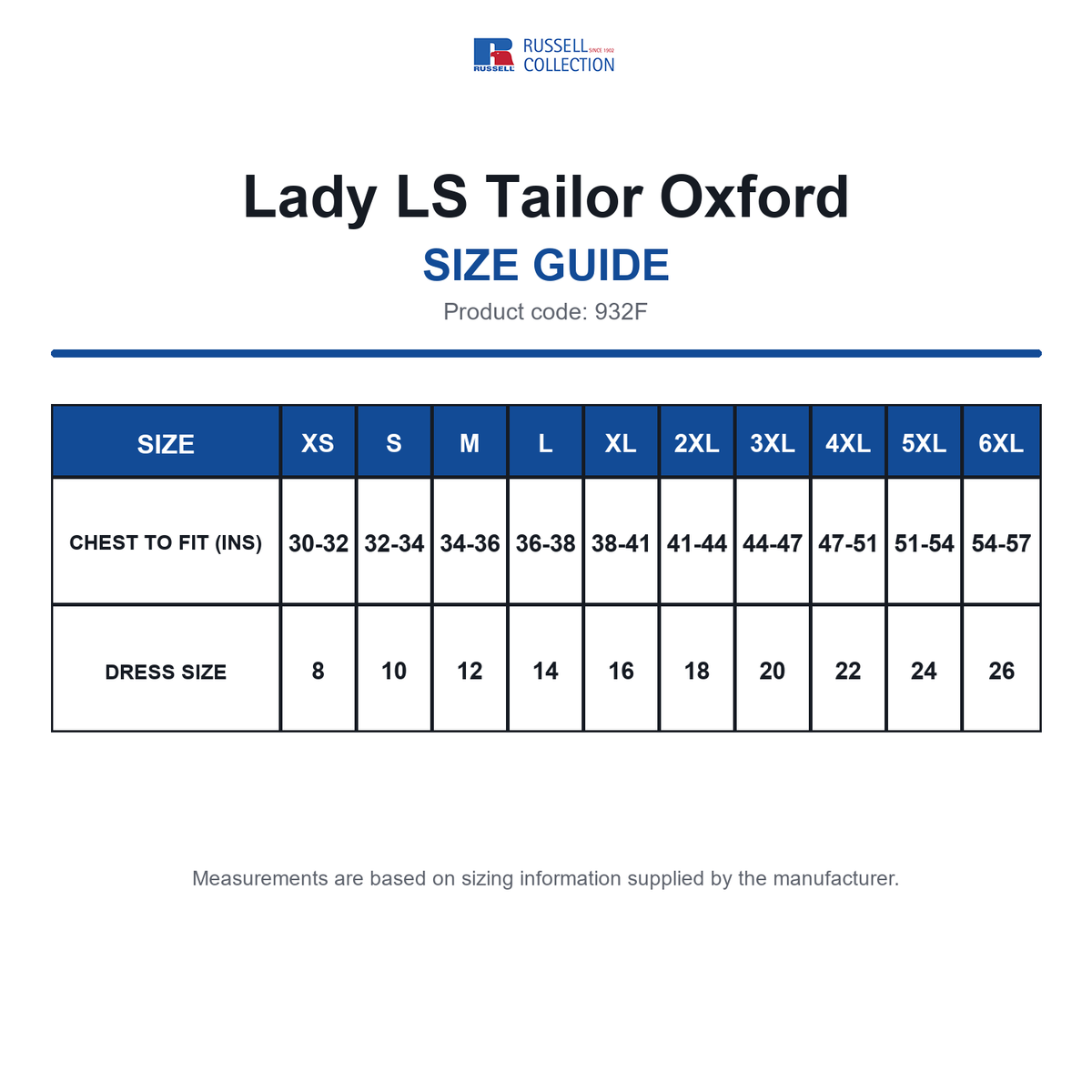 932F Russell Collection Lady LS Tailor Oxford size guide (932F)
