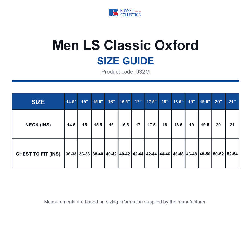 932M Russell Collection Men LS Classic Oxford size guide (932M)