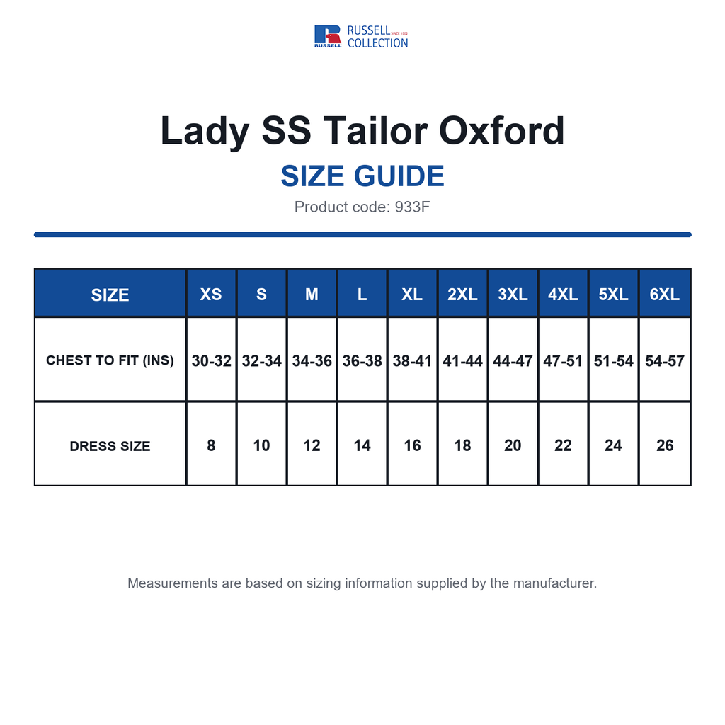 933F Russell Collection Lady SS Tailor Oxford size guide (933F)